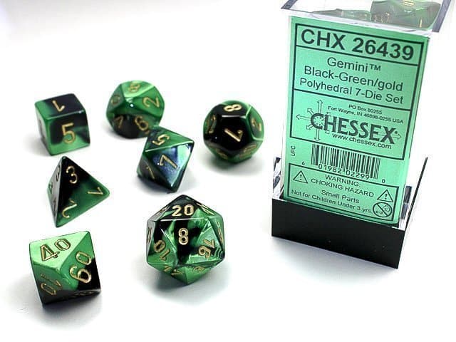 chessex 7 dice gemini black green gold 26439 01