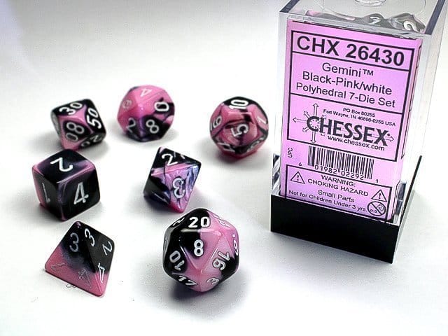 chessex 7 dice gemini black pink white 26430 01