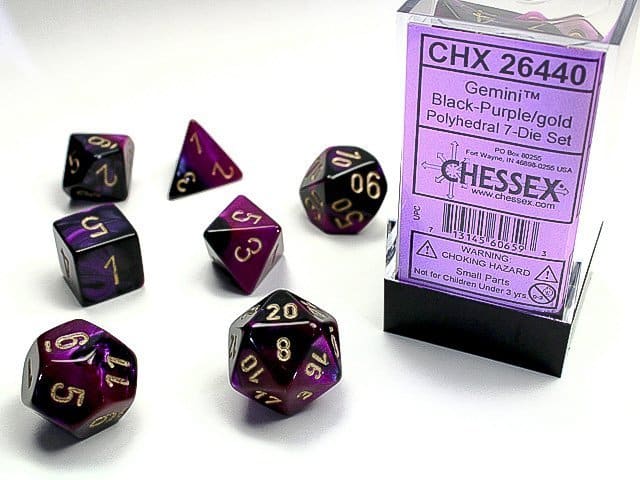 chessex 7 dice gemini black purple gold 26440 01