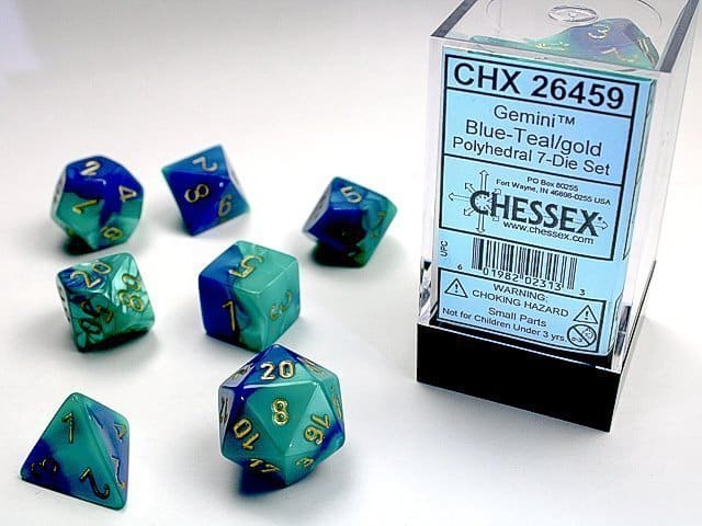 chessex 7 dice gemini blue teal gold 26459 01
