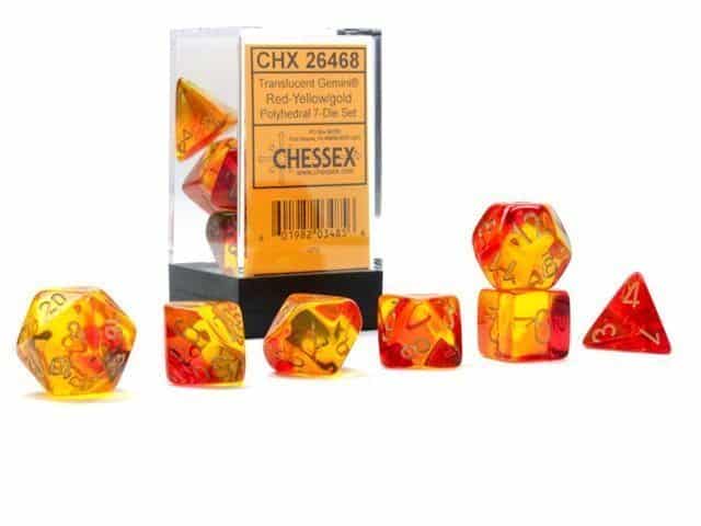 chessex 7 dice gemini translucent red yellow gold 26468 01